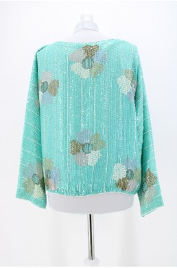 Top blouse Shomax sequin and silk beaded bleu turquoise